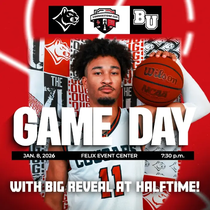 Basketball player holding a basketball with letters saying: Game day. january 8, 2026 at Felix Event Center at 7:30pm
