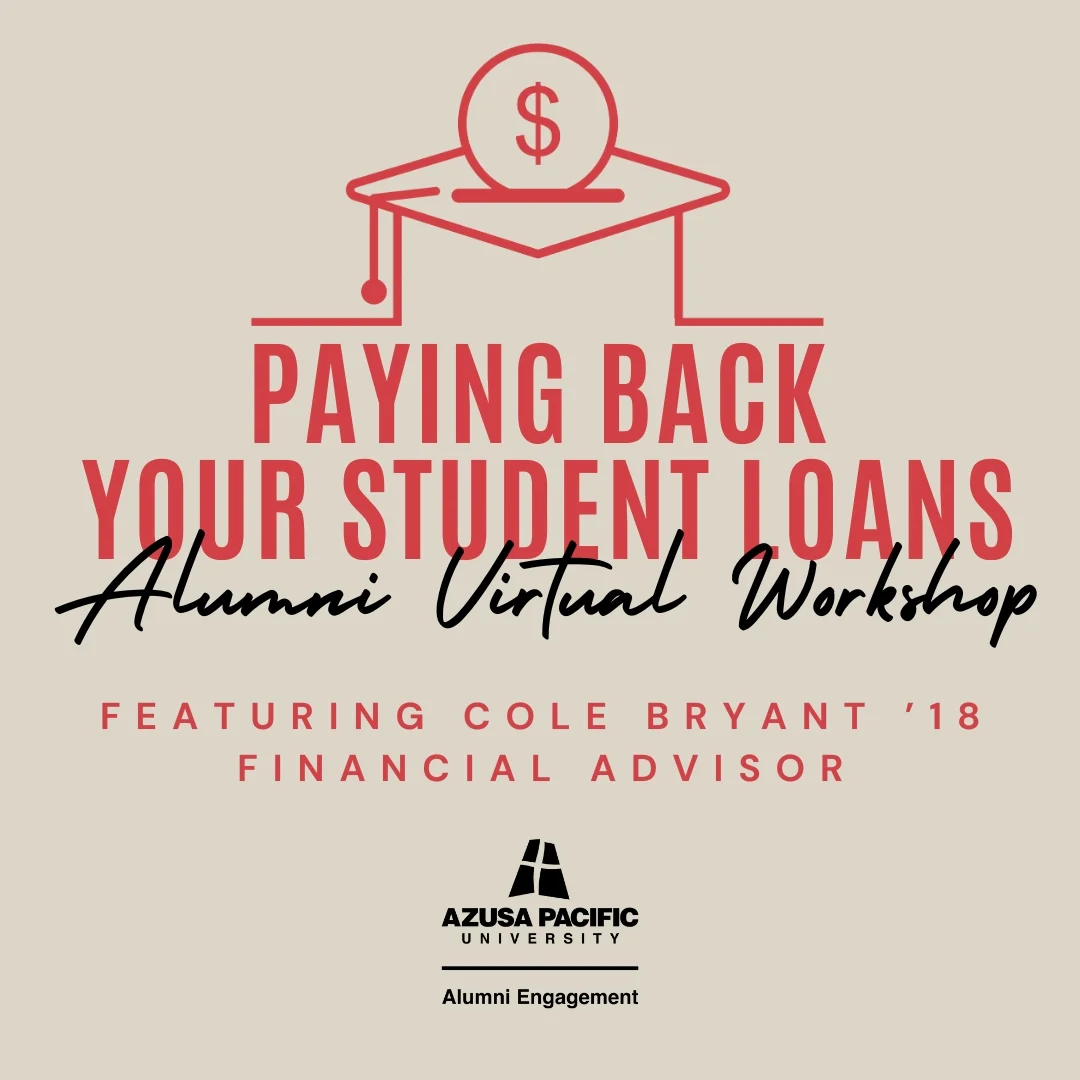 flyer in beige saying paying back your students loans alumni virtual workshop