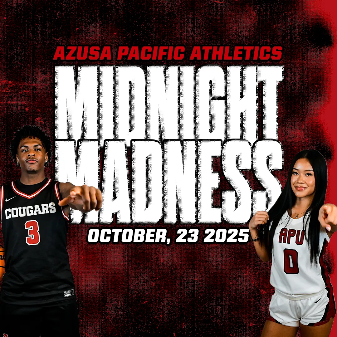 male and female from basketball teams with black background saying: Apu midnight madness October 23, 2025