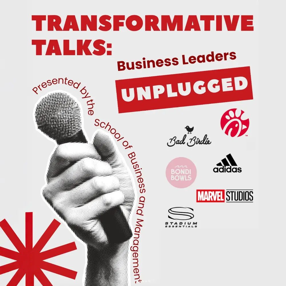 flyer in gray and red with a hand holding a microphone and words saying: Transformative talks, Business leaders unplugged