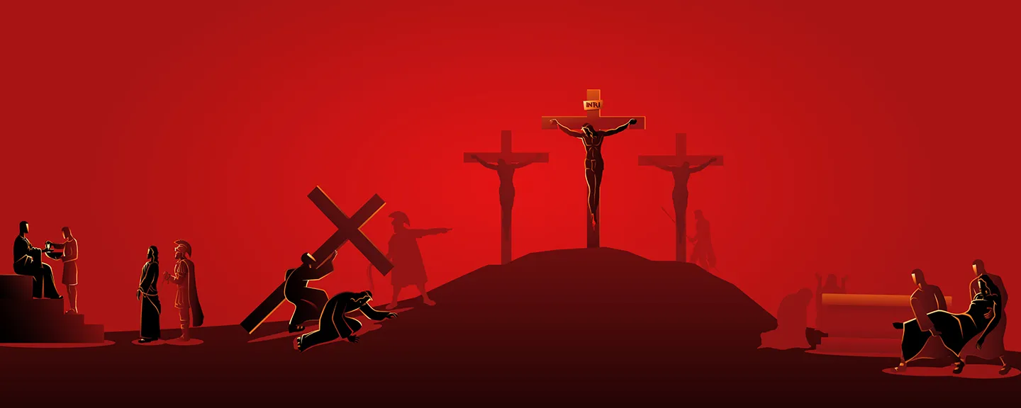 Sillhouettes of crucified people on red background