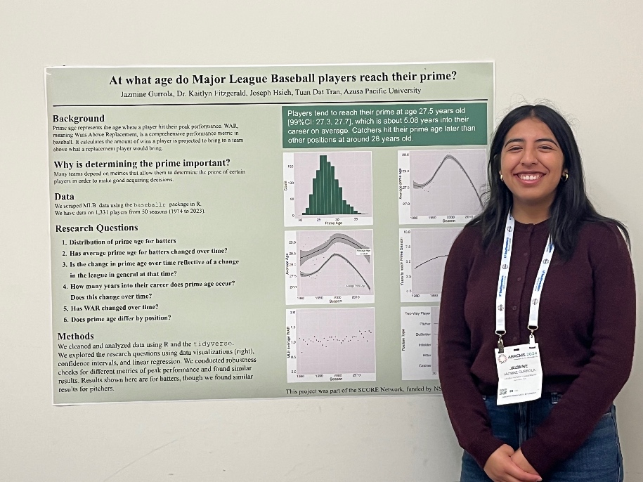 Jazmine Gurrola stands with the poster showcasing the findings of her research.