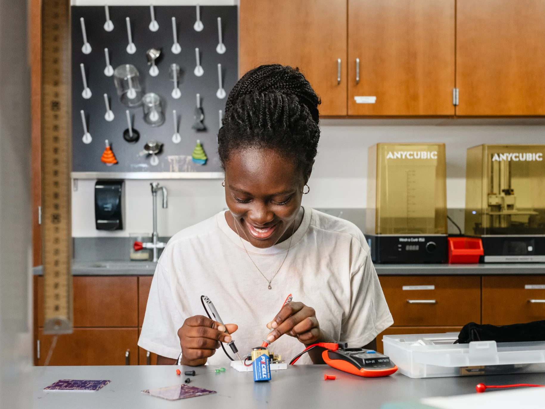 An engineering student works on a project