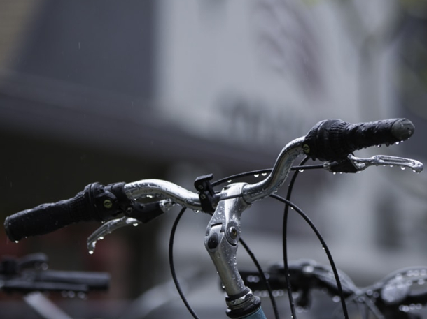 blue bike during rainy day on east campus