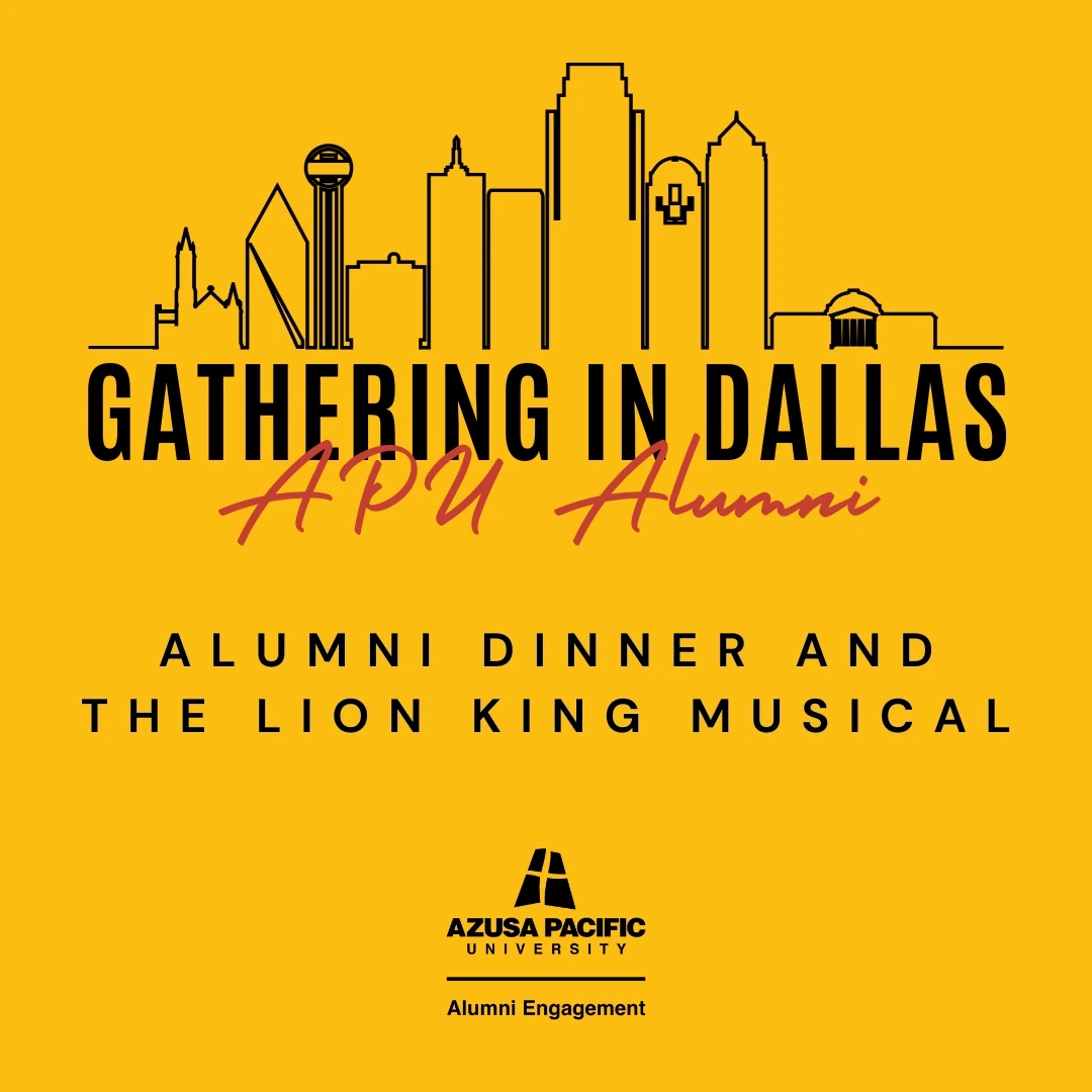 yellow banner saying "gathering in dallas, alumni dinner and the lion king musical"