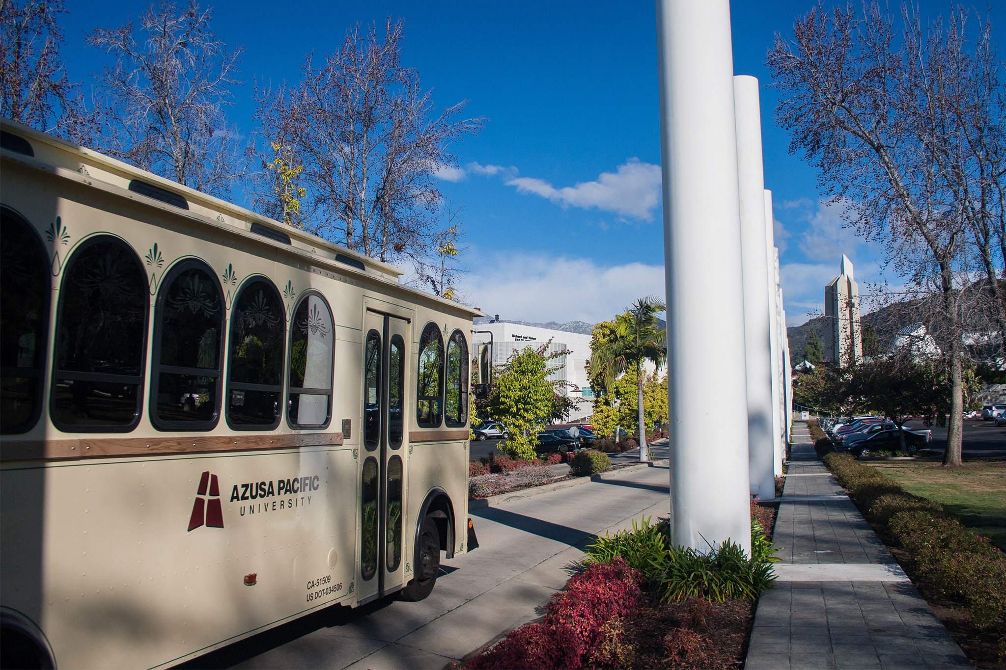 apu trolley on west campus next to the parking lot