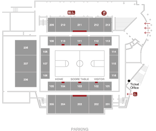 Map of event center set up for basketball events