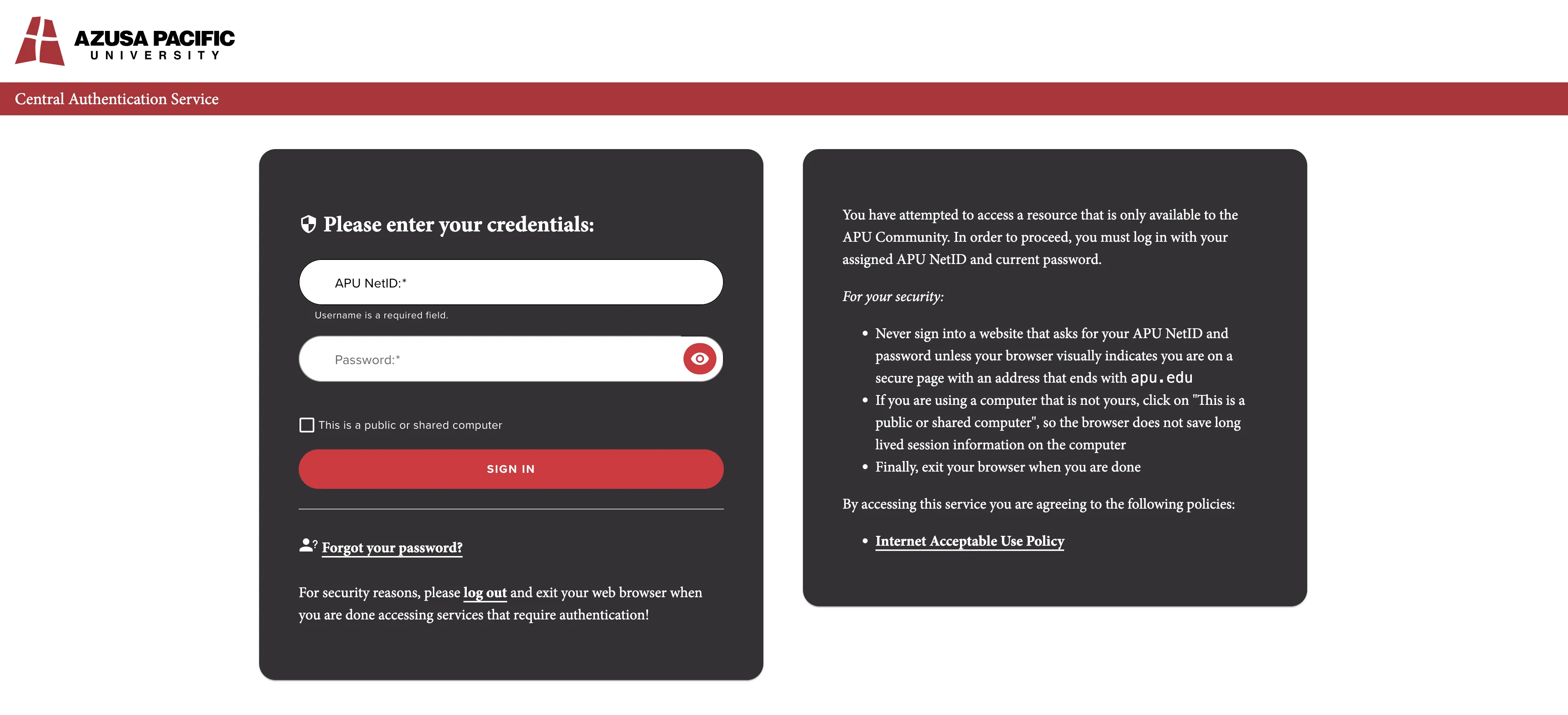 apu's login system page for single sign on