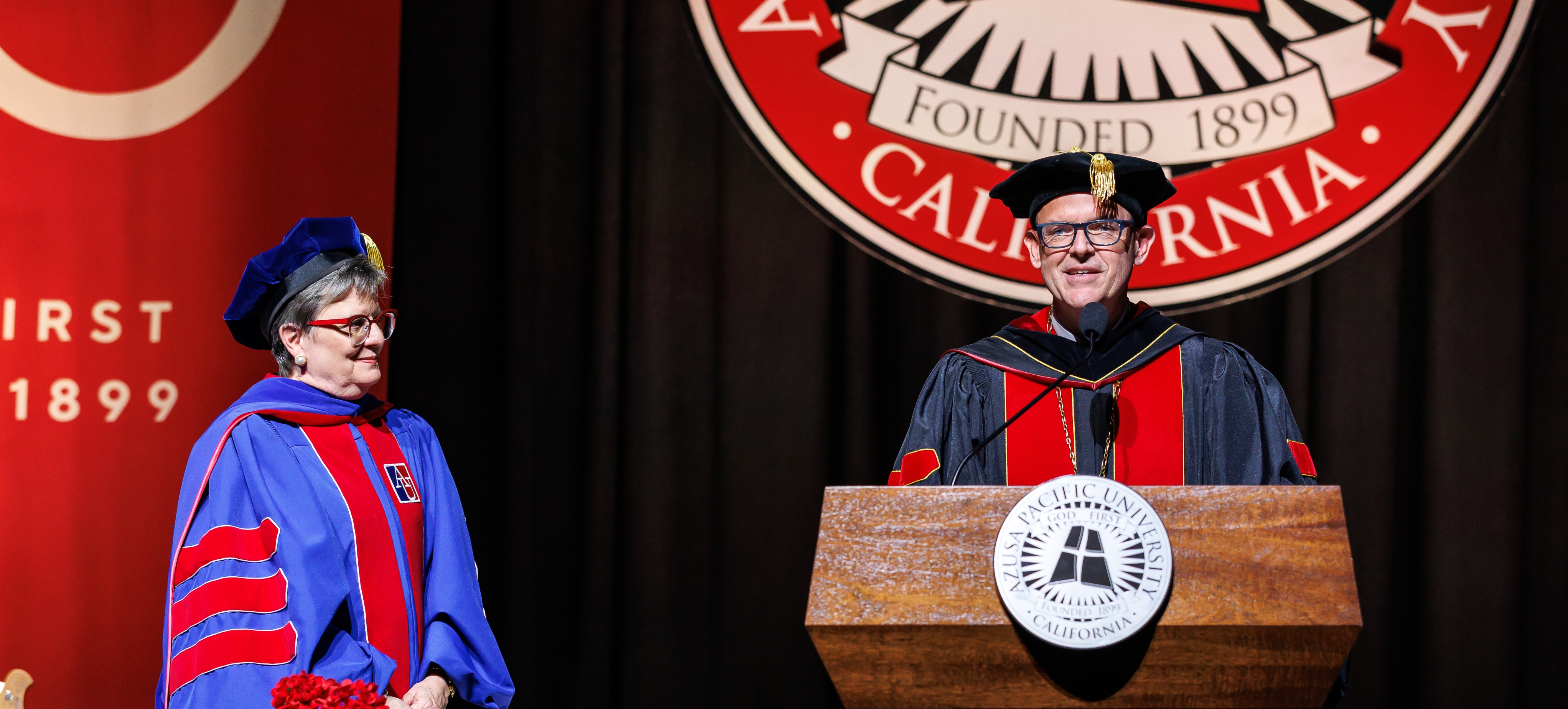 President Adam Morris introduces Anita Henck at her provost installation ceremony.