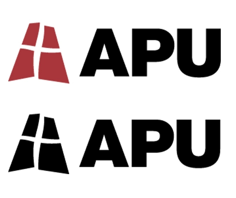 Azusa Pacific University monogram logos, showing a stylized cross within a red shape above the letters APU, and a black version of the same design