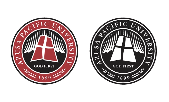 Azusa Pacific University seal logos in red brick, showing a stylized cross within a red shape, and black version of the same design
