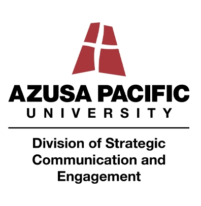 Azusa Pacific University monogram logos, featuring a stylized cross within a red geometric shape next to bold black letters APU, and a black version of the same design below.