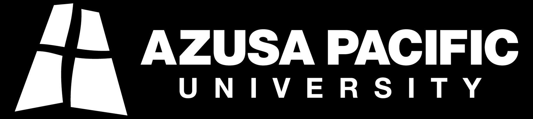 Azusa Pacific University horizontal logo with a white cross-shaped design to the left of the university name in white text